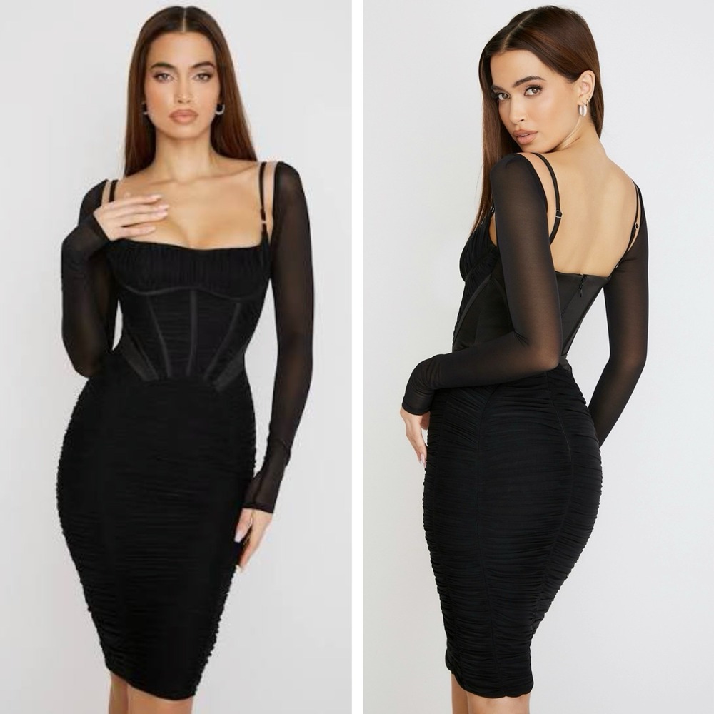 HOUSE OF CB Freyja Satin Ruched Long Sleeve Body-Con Dress Black Size XS